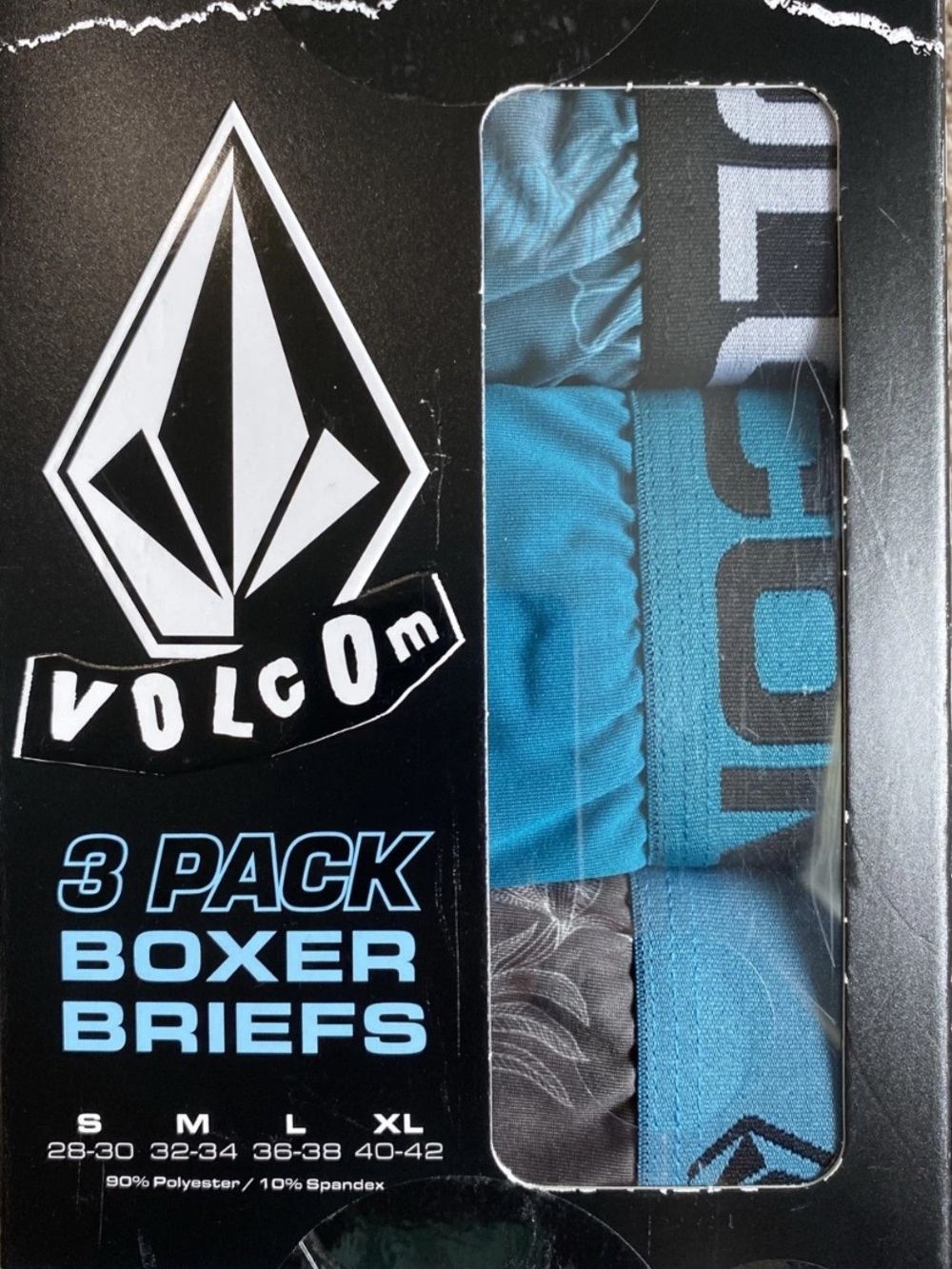 New Volcom Men’s 3-Pack Boxer Briefs — Teal/Black. Large 36-38